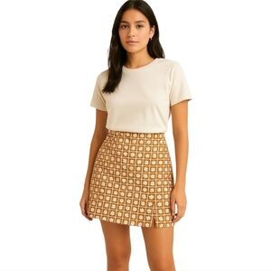 Baevely Brown & White Floral Mini Skirt NWT Size M – Side Zipper, Front Slit